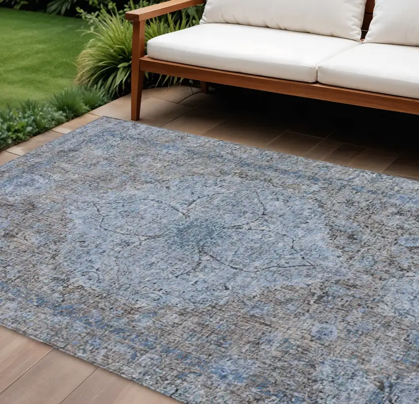 Gray And Blue Oriental Washable Indoor Outdoor Area Rug Photo 2