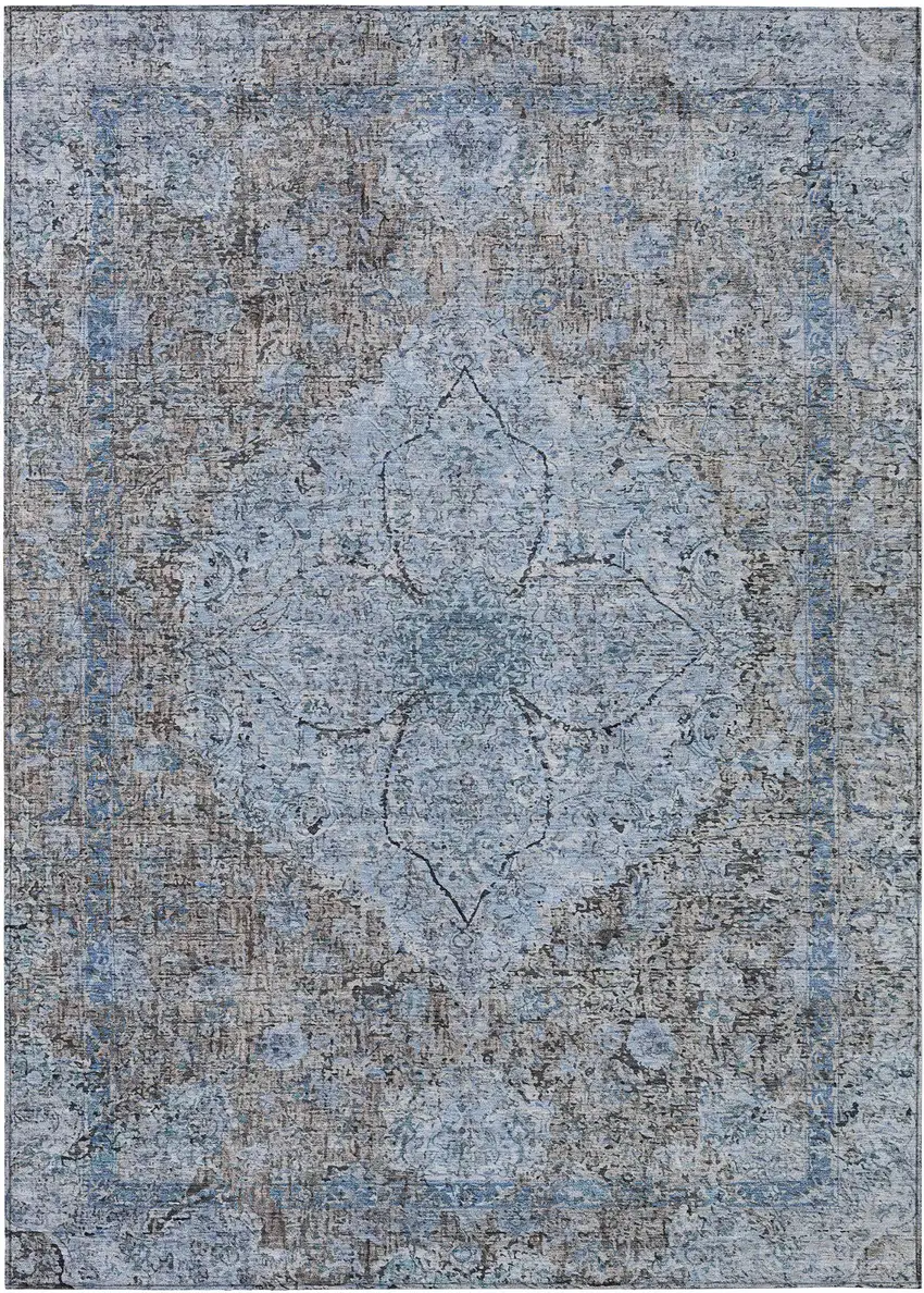 Gray And Blue Oriental Washable Indoor Outdoor Area Rug Photo 1