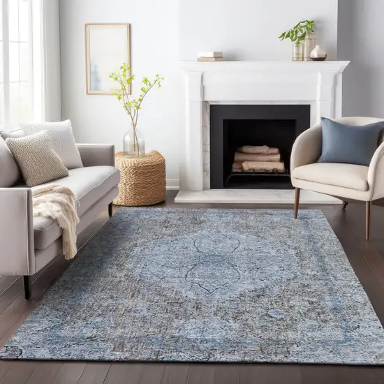 Gray And Blue Oriental Washable Indoor Outdoor Area Rug Photo 8