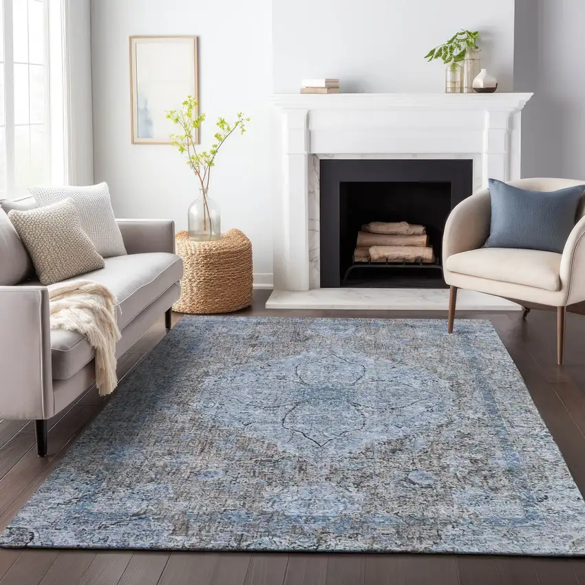 Gray And Blue Oriental Washable Indoor Outdoor Area Rug Photo 8