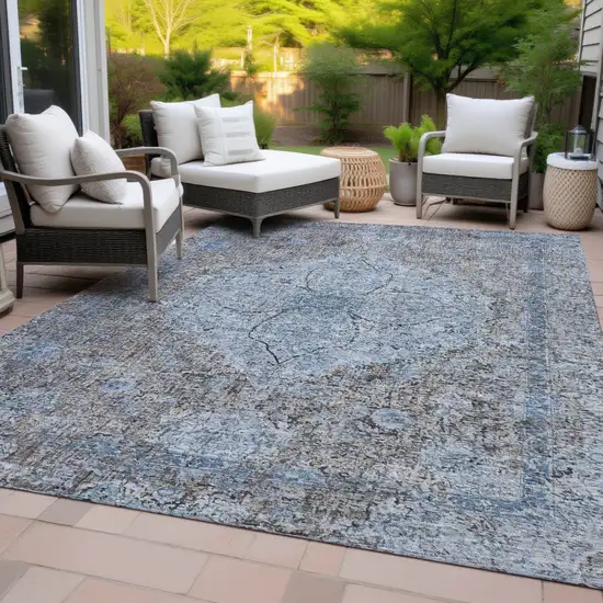 Gray And Blue Oriental Washable Indoor Outdoor Area Rug Photo 9