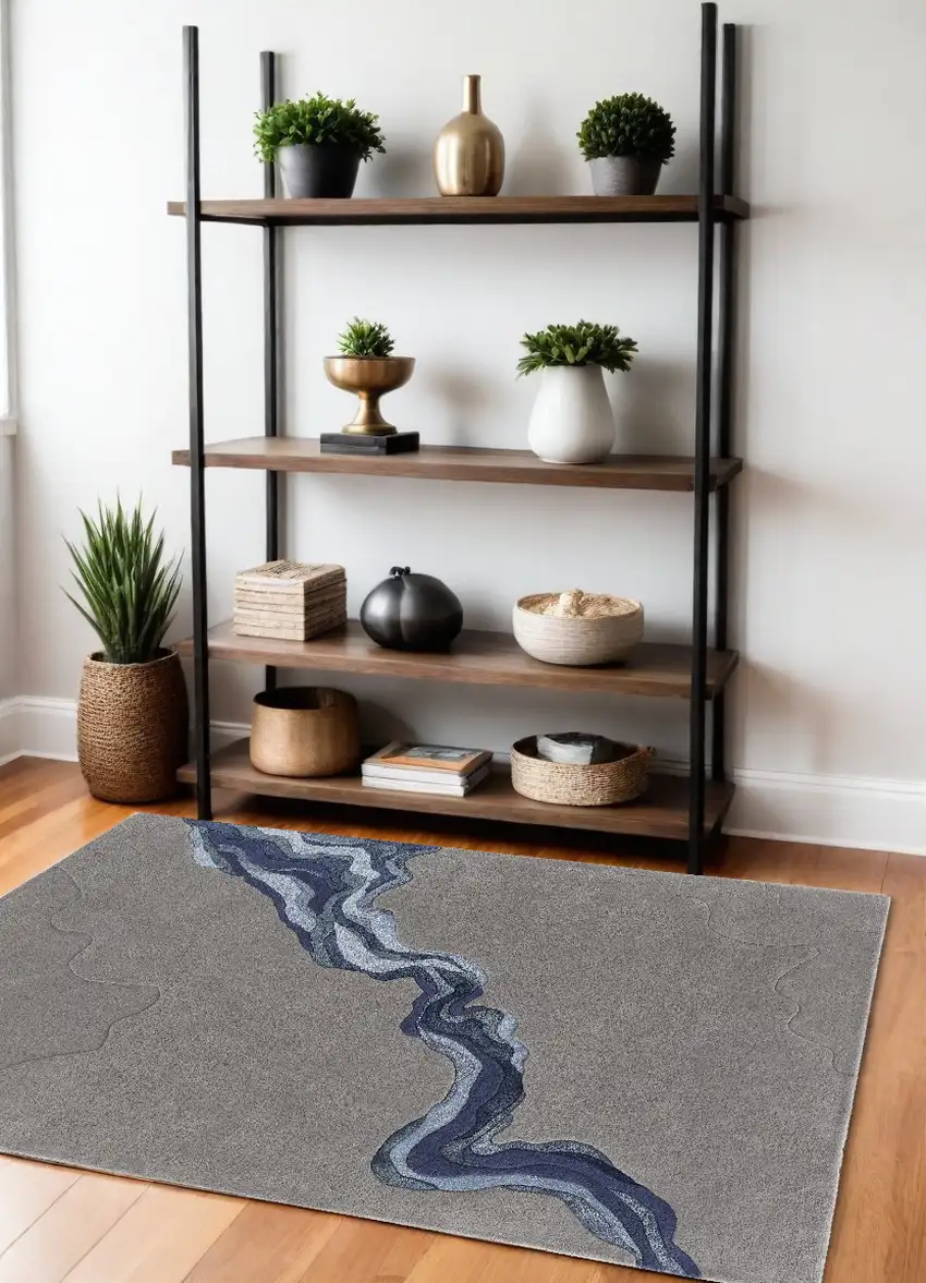 Blue and Gray Wool Abstract Hand Tufted Area Rug Photo 1