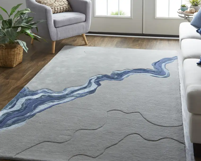 Gray And Blue Wool Abstract Tufted Handmade Area Rug Photo 9