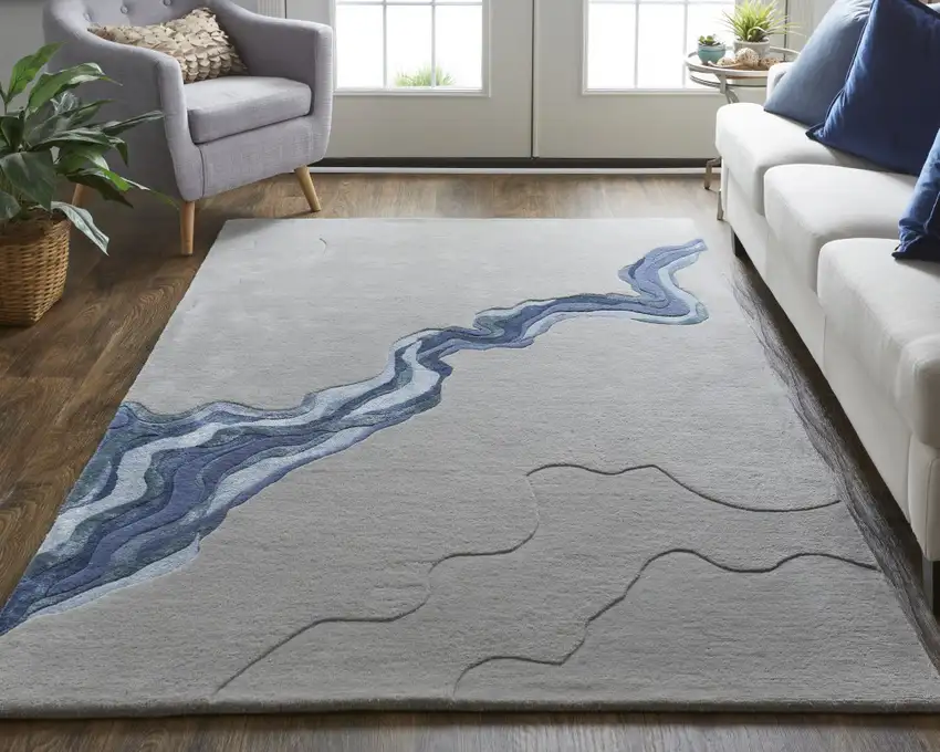 Gray And Blue Wool Abstract Tufted Handmade Area Rug Photo 8