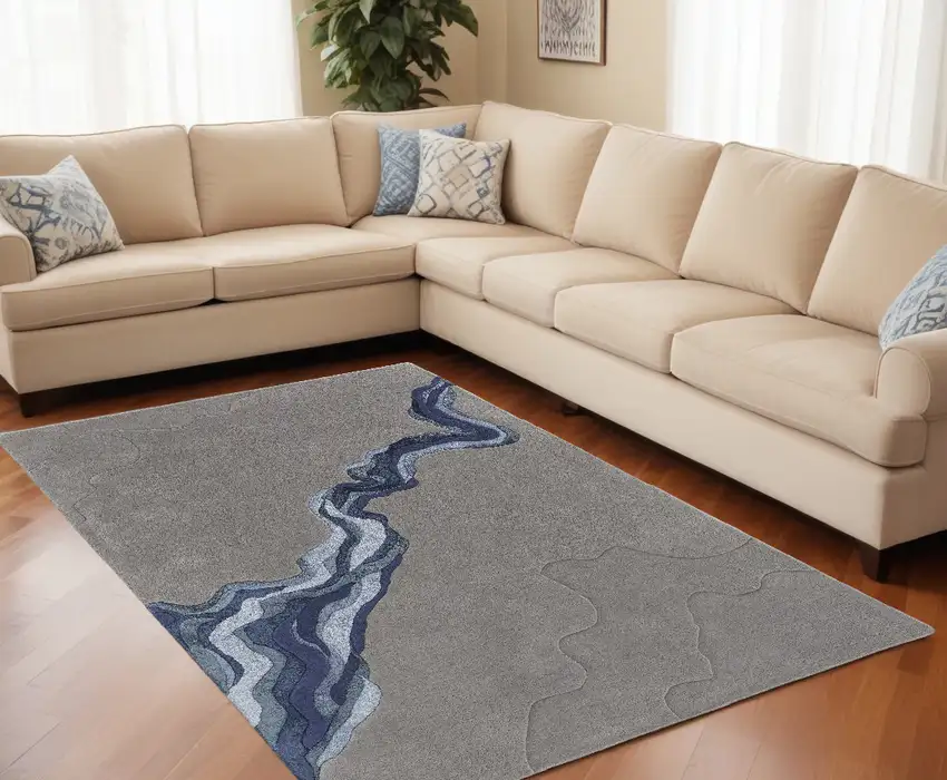 Blue and Gray Wool Abstract Hand Tufted Area Rug Photo 1