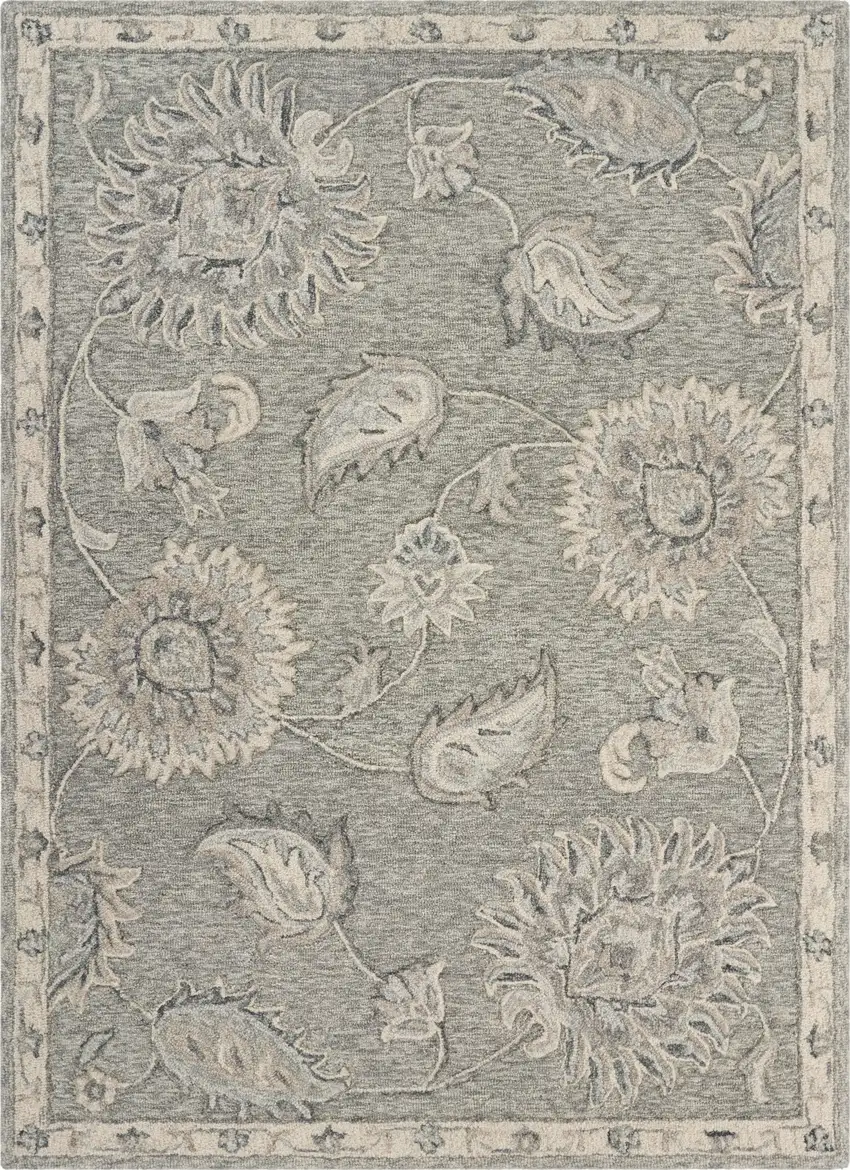 Gray And Blue Wool Floral Hand Tufted Area Rug Photo 4
