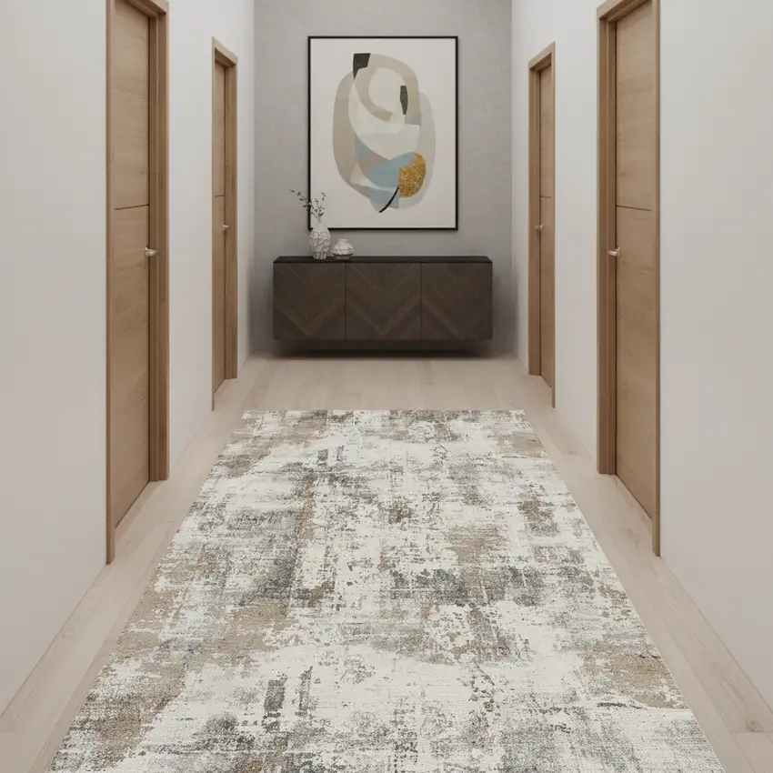10' Brown And Gray Abstract Distressed Runner Rug Photo 1