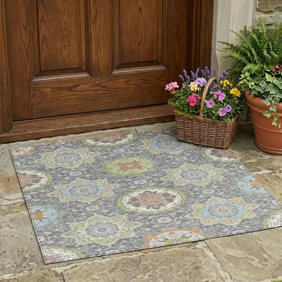 Gray And Brown Floral Medallion Washable Indoor Outdoor Area Rug Photo 1