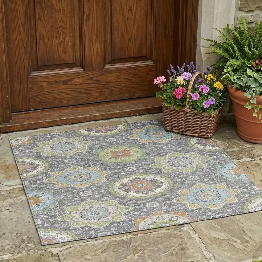 Gray And Brown Floral Medallion Washable Indoor Outdoor Area Rug Photo 1