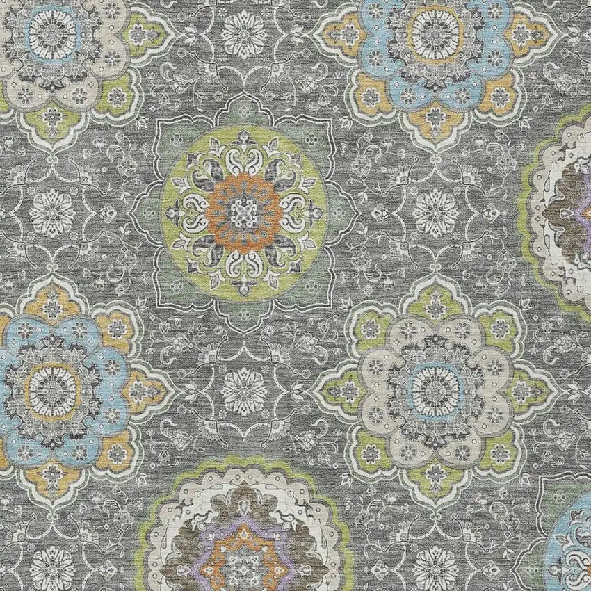 Gray And Brown Floral Medallion Washable Indoor Outdoor Area Rug Photo 5