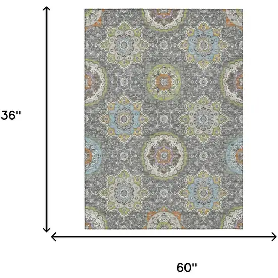 Gray And Brown Floral Medallion Washable Indoor Outdoor Area Rug Photo 9
