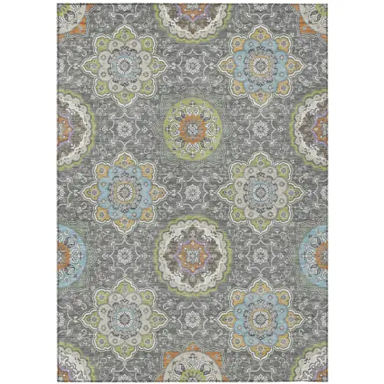 Gray And Brown Floral Medallion Washable Indoor Outdoor Area Rug Photo 2