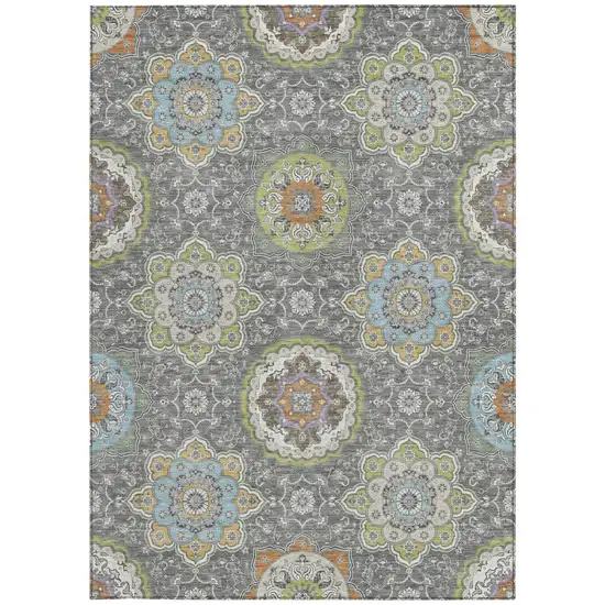 Gray And Brown Floral Medallion Washable Indoor Outdoor Area Rug Photo 4