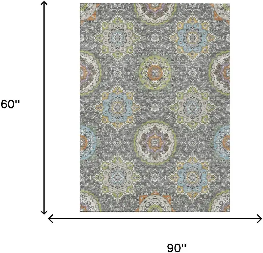 Gray And Brown Floral Medallion Washable Indoor Outdoor Area Rug Photo 9