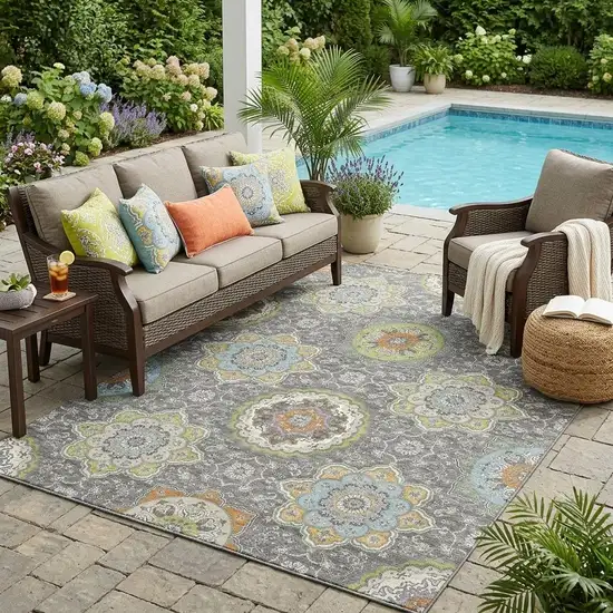 Gray And Brown Floral Medallion Washable Indoor Outdoor Area Rug Photo 1