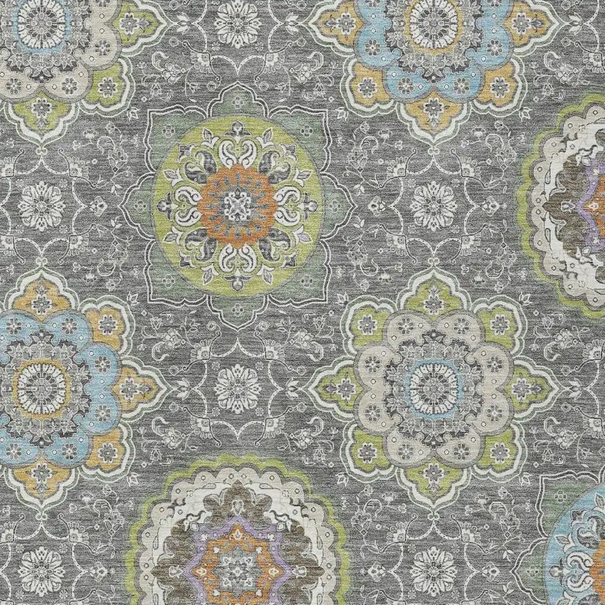 Gray And Brown Floral Medallion Washable Indoor Outdoor Area Rug Photo 3