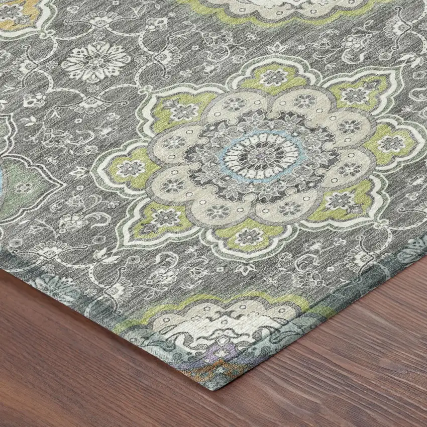 Gray And Brown Floral Medallion Washable Indoor Outdoor Area Rug Photo 7