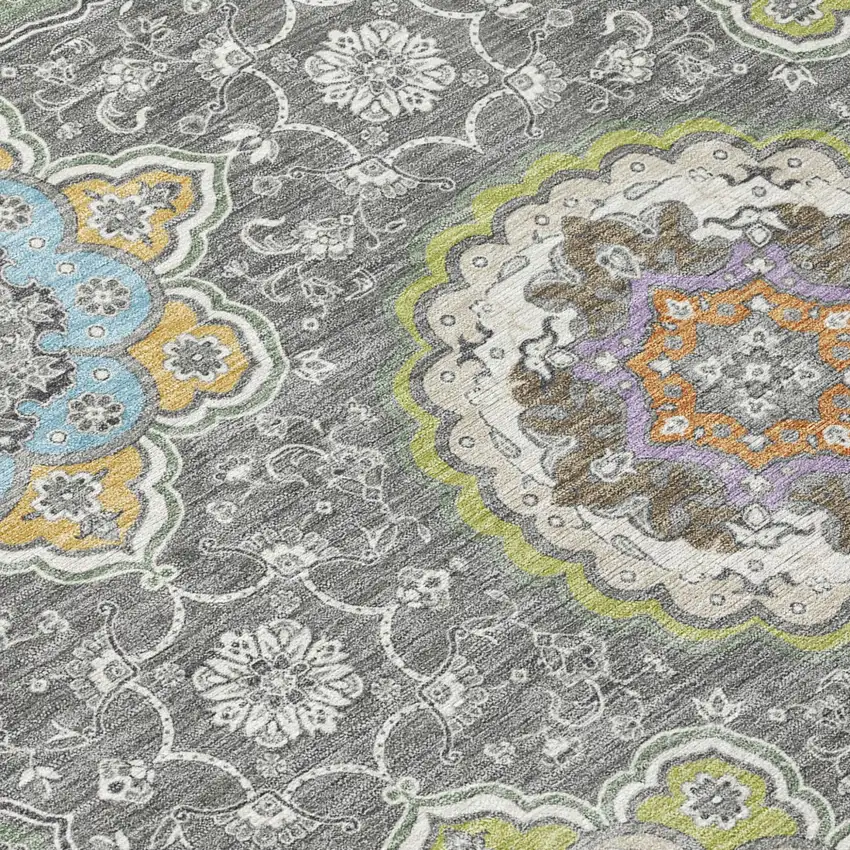 Gray And Brown Floral Medallion Washable Indoor Outdoor Area Rug Photo 8