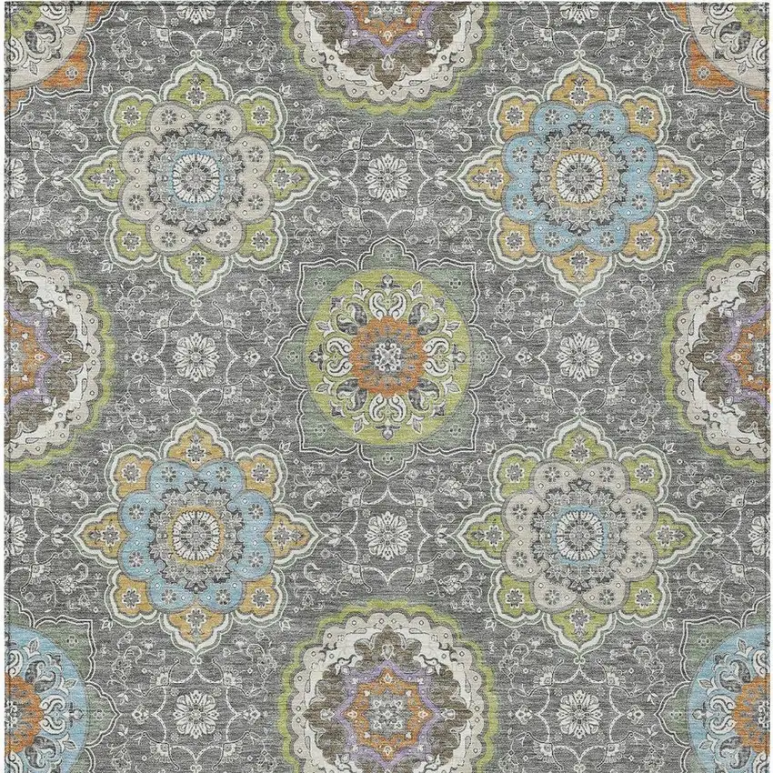 Gray And Brown Floral Medallion Washable Indoor Outdoor Area Rug Photo 4