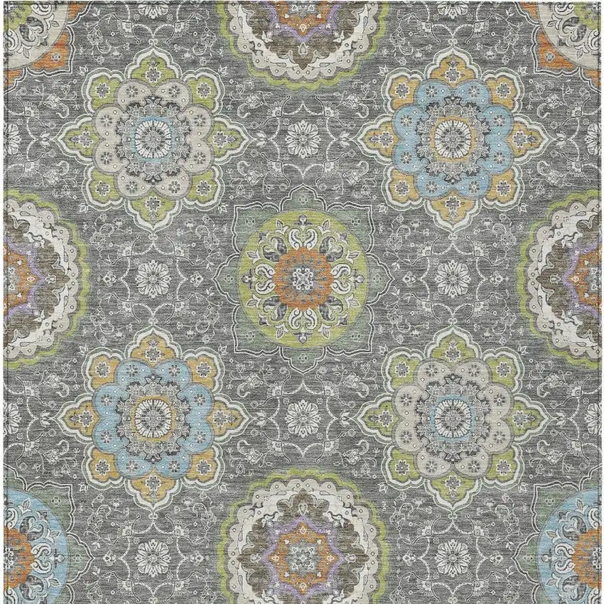 Gray And Brown Floral Medallion Washable Indoor Outdoor Area Rug Photo 6