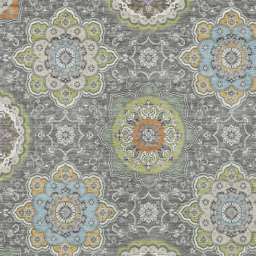 Gray And Brown Floral Medallion Washable Indoor Outdoor Area Rug Photo 3