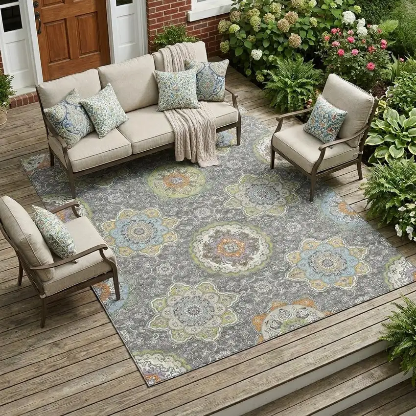 Gray And Brown Floral Medallion Washable Indoor Outdoor Area Rug Photo 1