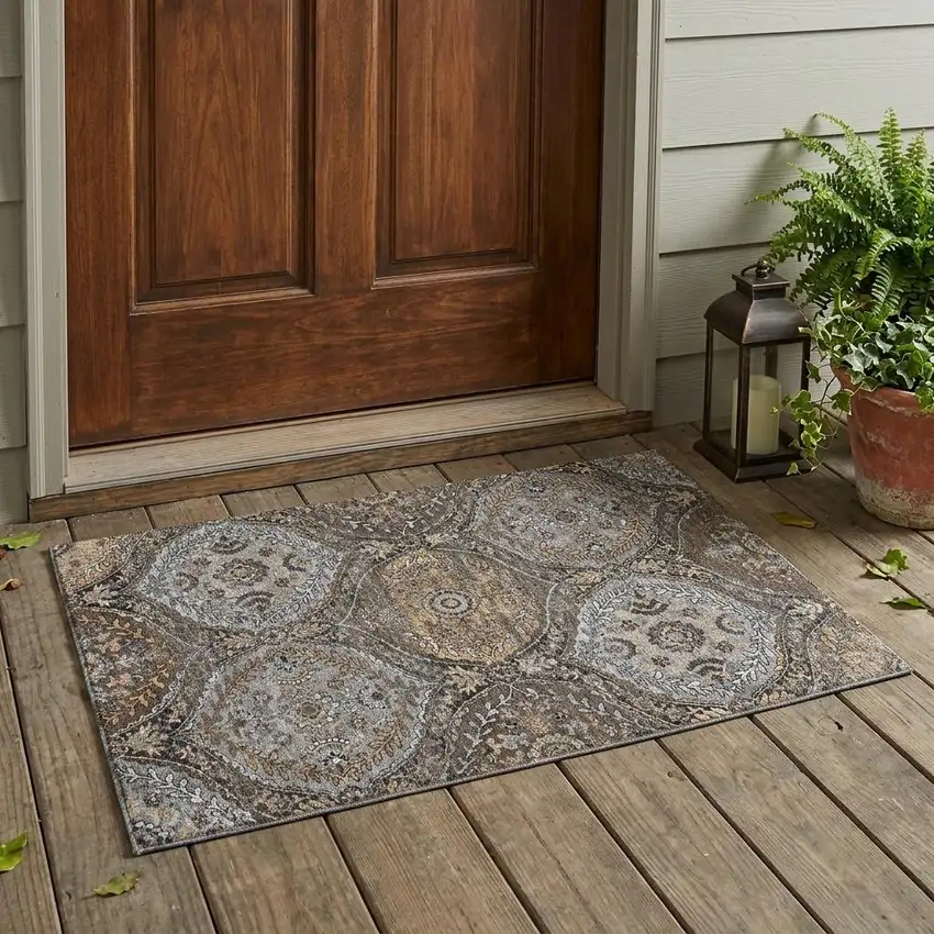 Gray And Brown Ogee Washable Indoor Outdoor Area Rug Photo 1