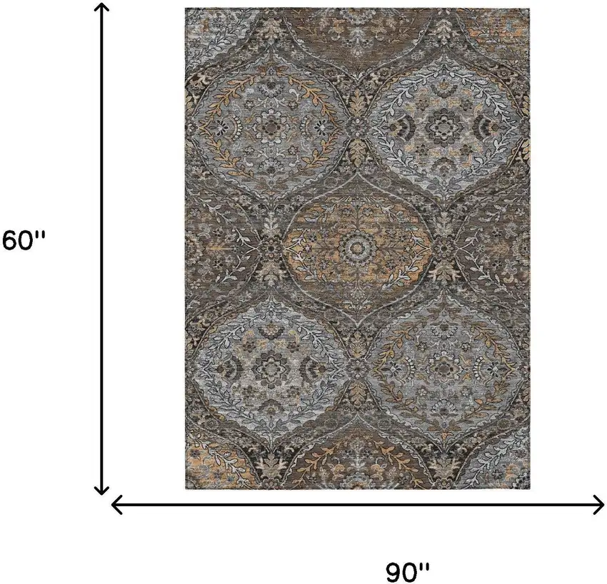 Gray And Brown Ogee Washable Indoor Outdoor Area Rug Photo 7
