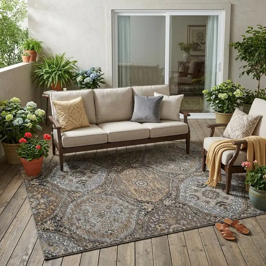 Gray And Brown Ogee Washable Indoor Outdoor Area Rug Photo 1