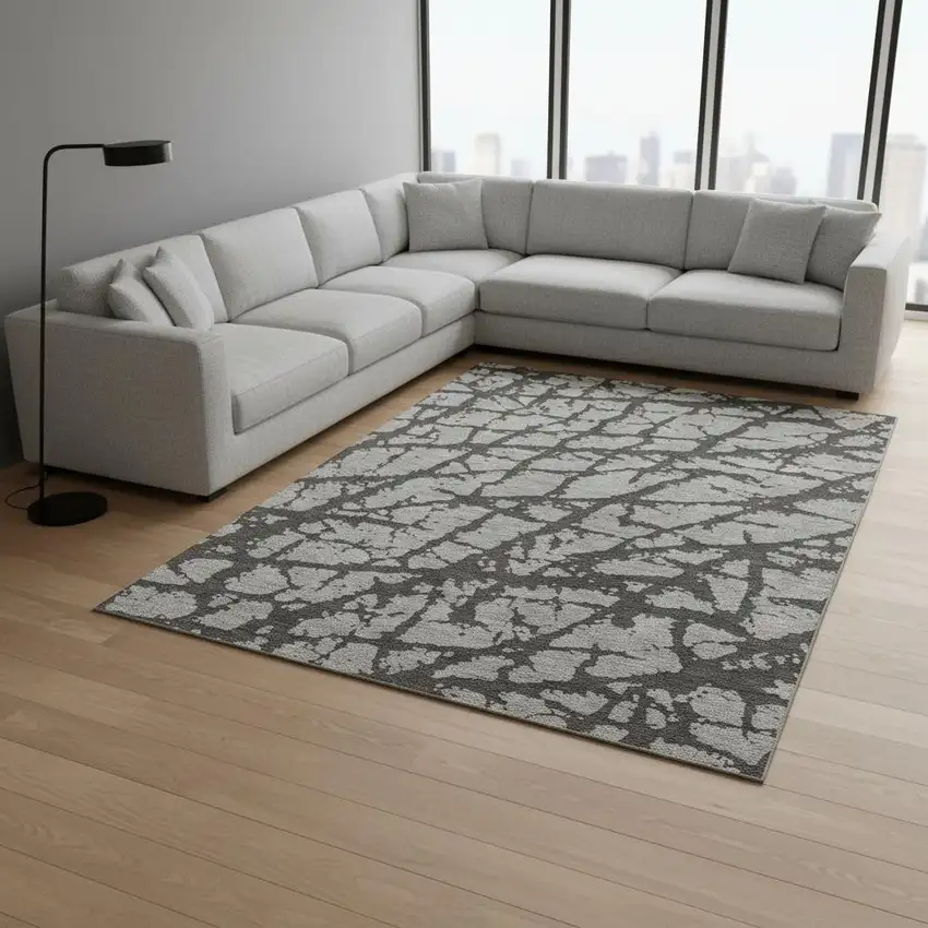 Gray And Charcoal Abstract Washable Area Rug With UV Protection Photo 1