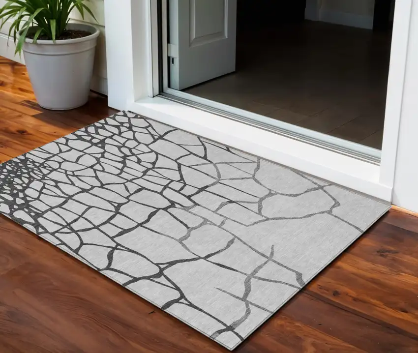 Gray And Charcoal Abstract Washable Indoor Outdoor Area Rug Photo 1