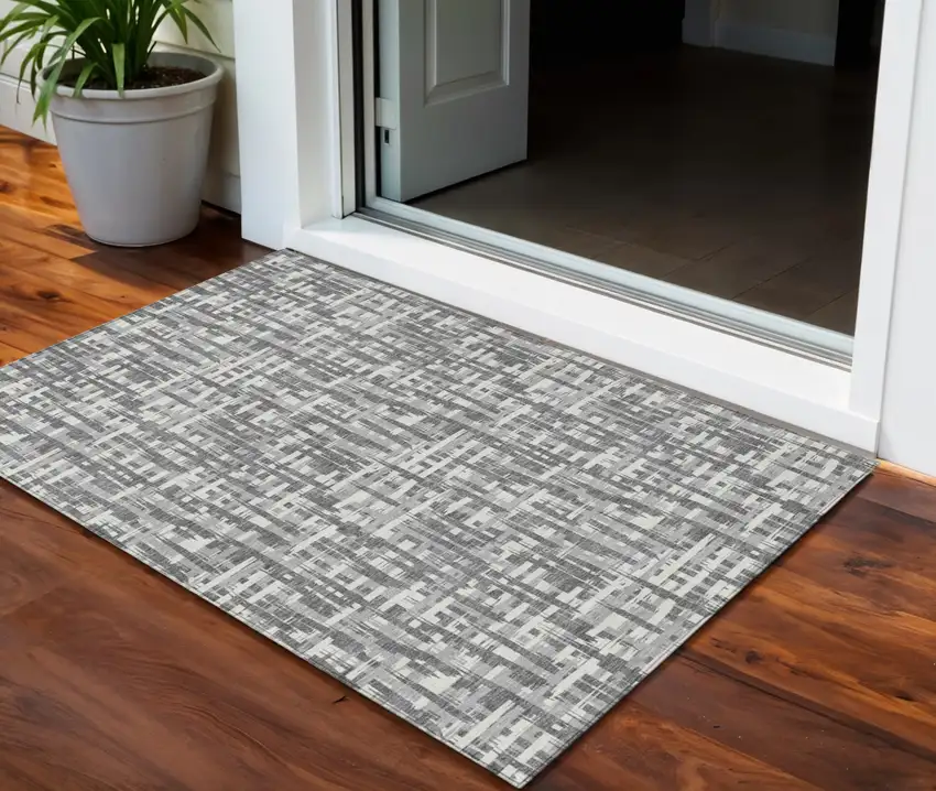 Gray And Charcoal Abstract Washable Indoor Outdoor Area Rug Photo 1