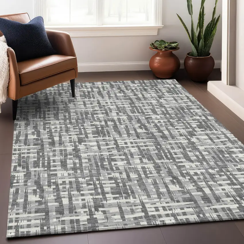 Gray And Charcoal Abstract Washable Indoor Outdoor Area Rug Photo 8