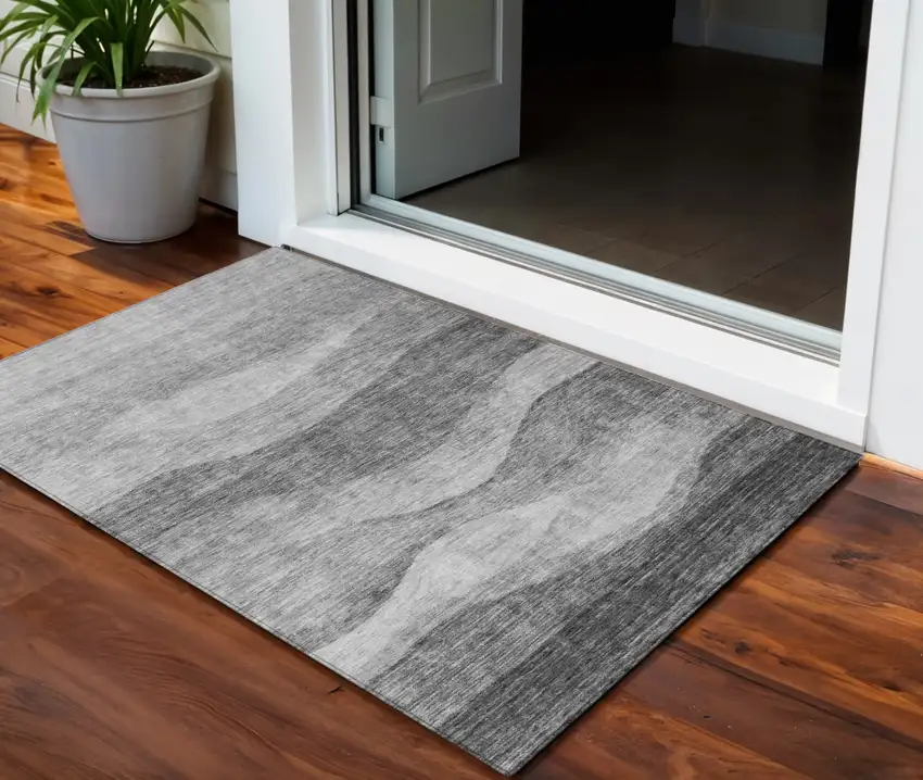 Gray And Charcoal Abstract Washable Indoor Outdoor Area Rug Photo 1