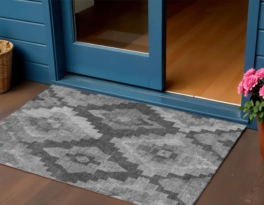 Gray And Charcoal Aztec Washable Indoor Outdoor Area Rug Photo 2