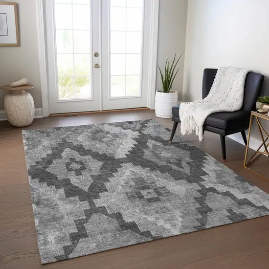Gray And Charcoal Aztec Washable Indoor Outdoor Area Rug Photo 6