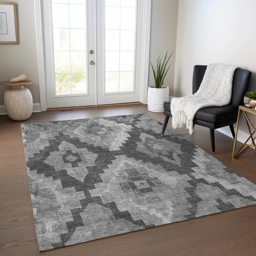 Gray And Charcoal Aztec Washable Indoor Outdoor Area Rug Photo 6