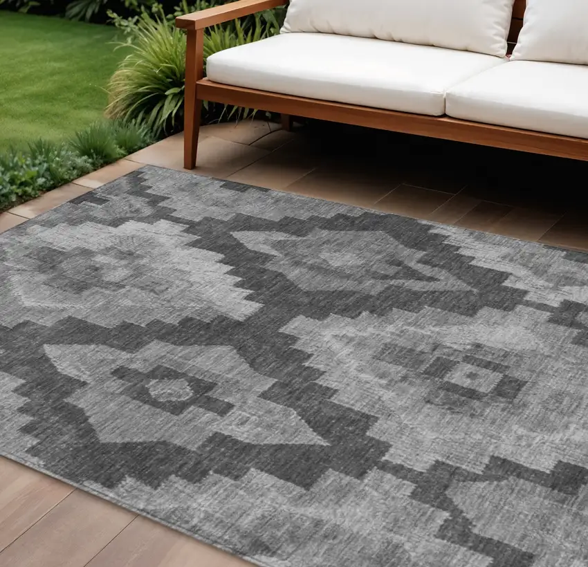 Gray And Charcoal Aztec Washable Indoor Outdoor Area Rug Photo 2