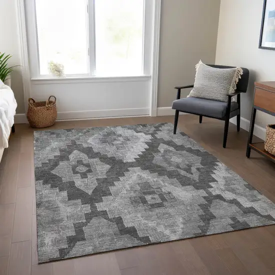 Gray And Charcoal Aztec Washable Indoor Outdoor Area Rug Photo 7