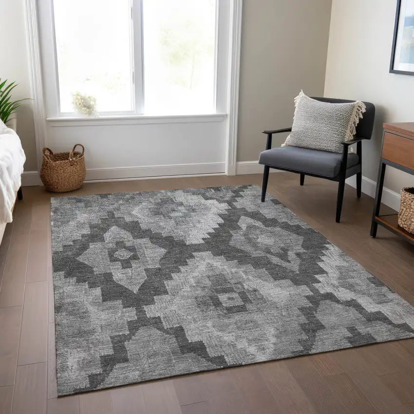 Gray And Charcoal Aztec Washable Indoor Outdoor Area Rug Photo 7