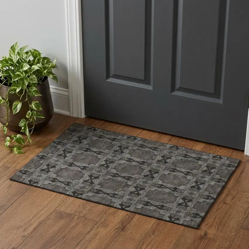 Gray And Charcoal Floral Medallion Washable Area Rug With UV Protection Photo 1