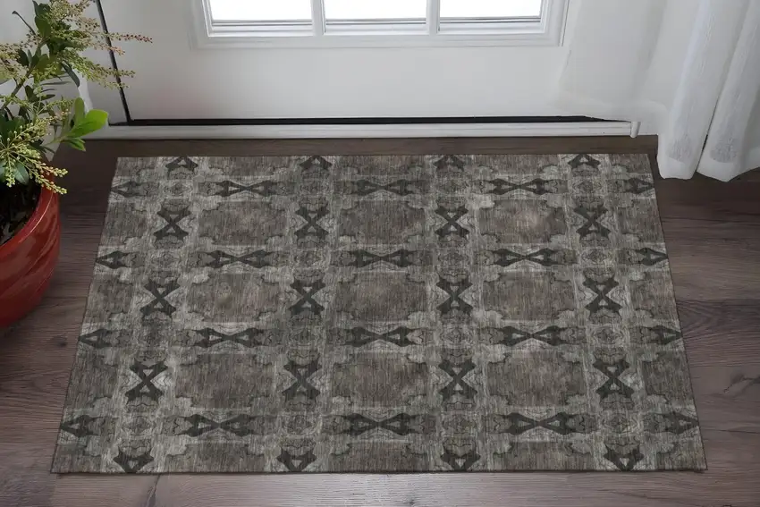 Gray And Charcoal Floral Medallion Washable Area Rug With UV Protection Photo 2