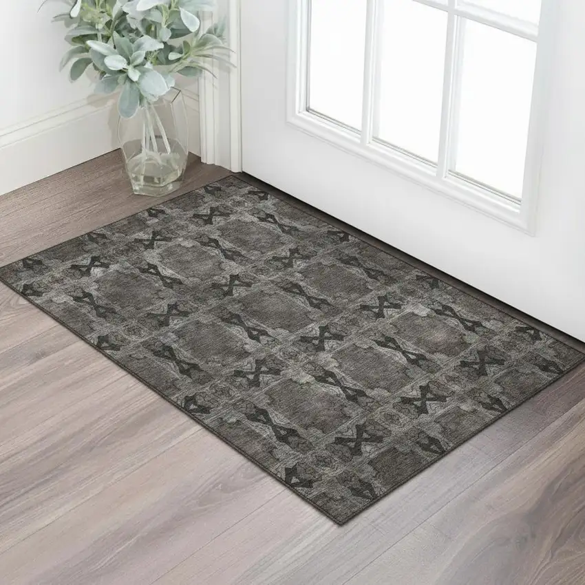 Gray And Charcoal Floral Medallion Washable Area Rug With UV Protection Photo 1