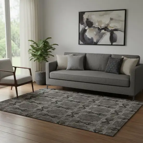 Gray And Charcoal Floral Medallion Washable Area Rug With UV Protection Photo 1