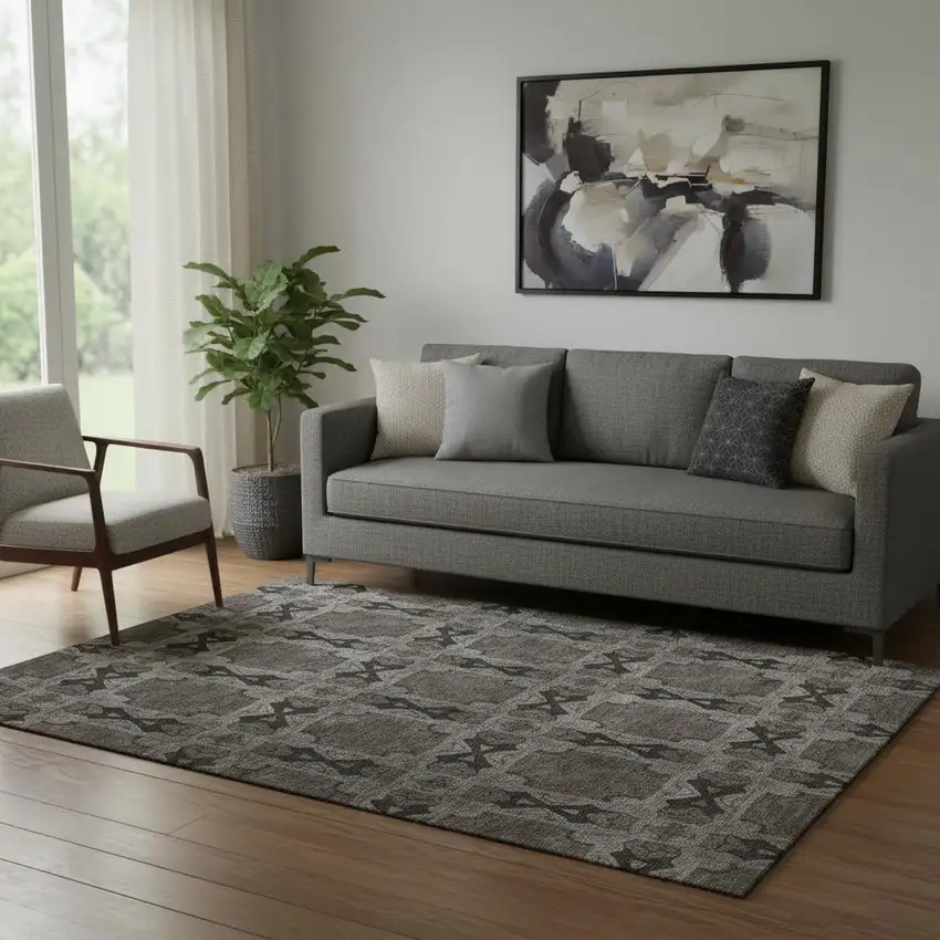 Gray And Charcoal Floral Medallion Washable Area Rug With UV Protection Photo 1