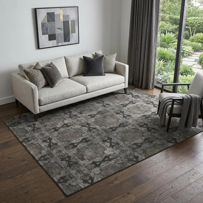 Gray And Charcoal Floral Medallion Washable Area Rug With UV Protection Photo 1