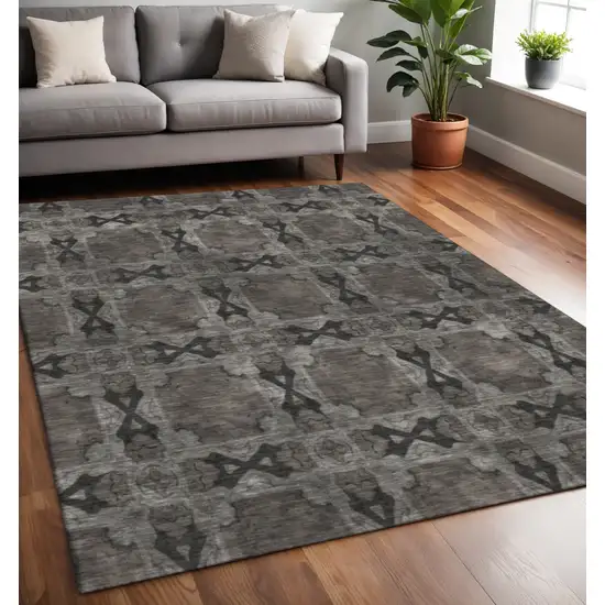 Gray And Charcoal Floral Medallion Washable Area Rug With UV Protection Photo 2