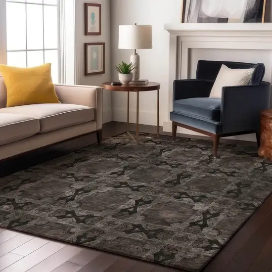Gray And Charcoal Floral Medallion Washable Area Rug With UV Protection Photo 5