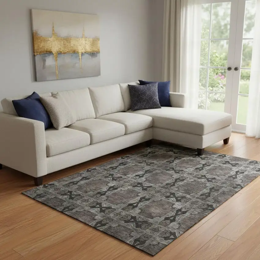 Gray And Charcoal Floral Medallion Washable Area Rug With UV Protection Photo 1