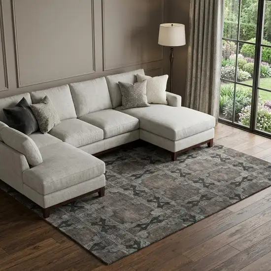 Gray And Charcoal Floral Medallion Washable Area Rug With UV Protection Photo 1